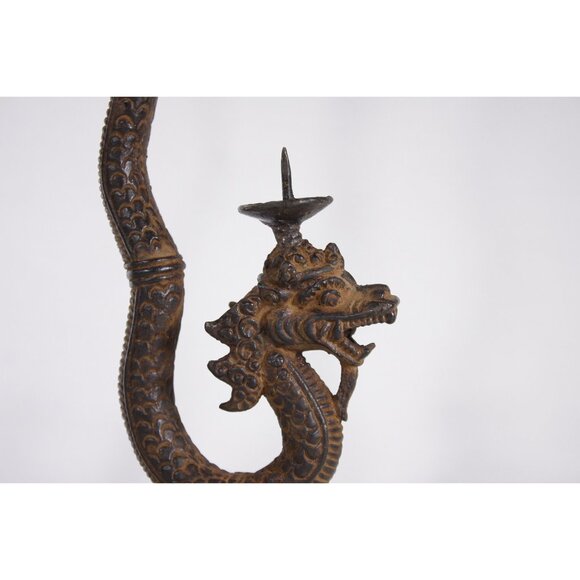 Vintage metal dragon candlesticks, Naga old Siam Thai dragon serpent altar decor - Picture 9 of 9